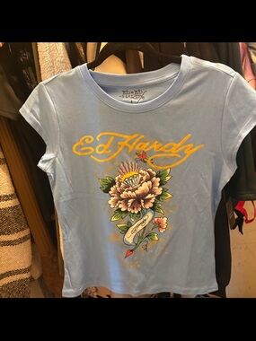 Ed Hardy Blue Tee with Yellow Script & Floral Graphic